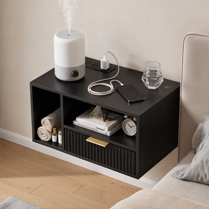 TWSC Floating Bedside Table with Charging Station Black Nightstand 1 Drawer