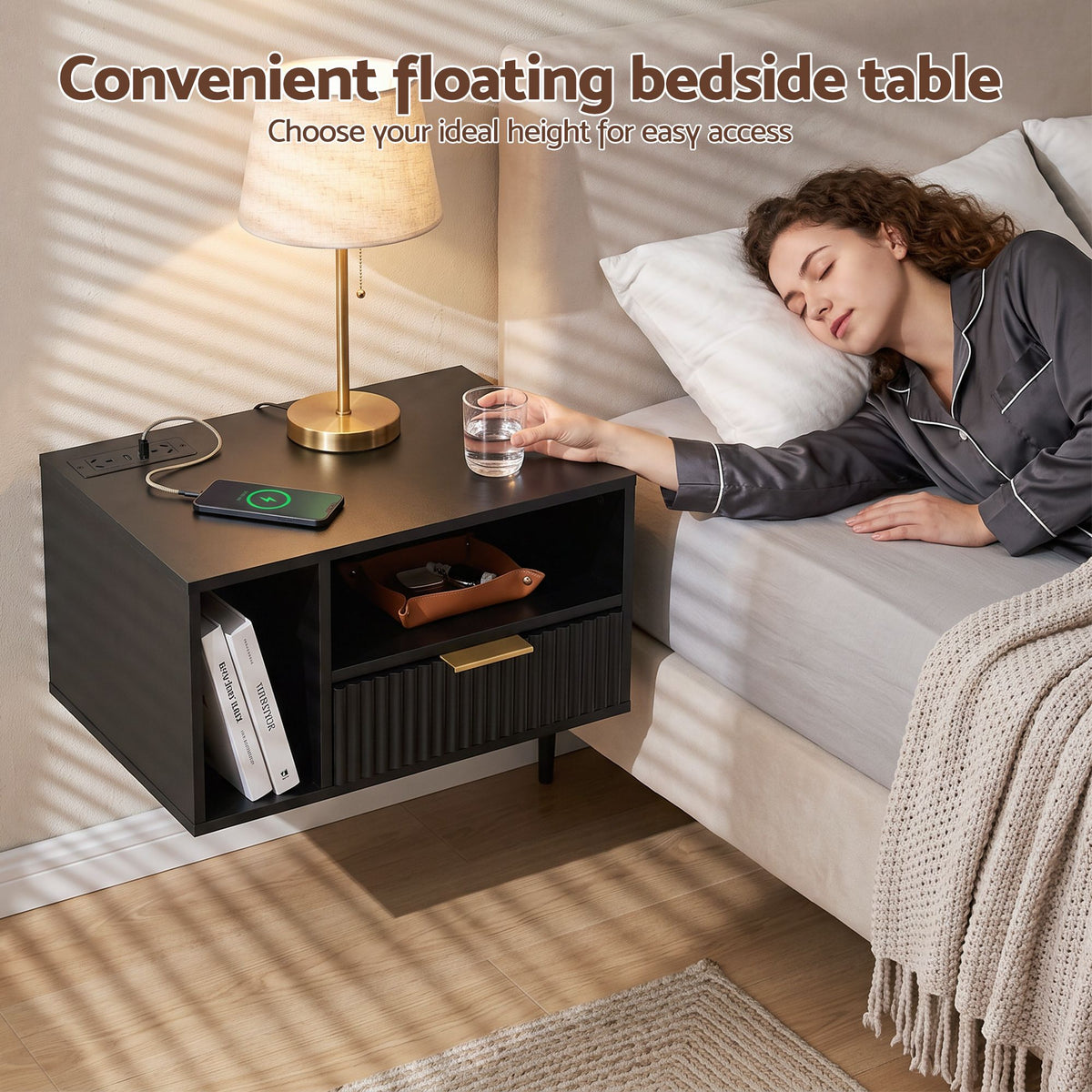 TWSC Floating Bedside Table with Charging Station Black Nightstand 1 Drawer