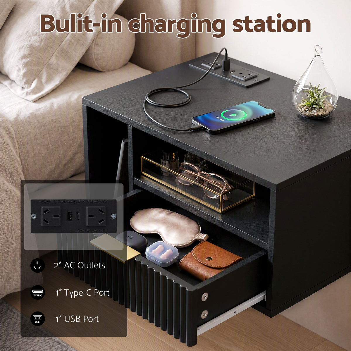 TWSC Floating Bedside Table with Charging Station Black Nightstand 1 Drawer