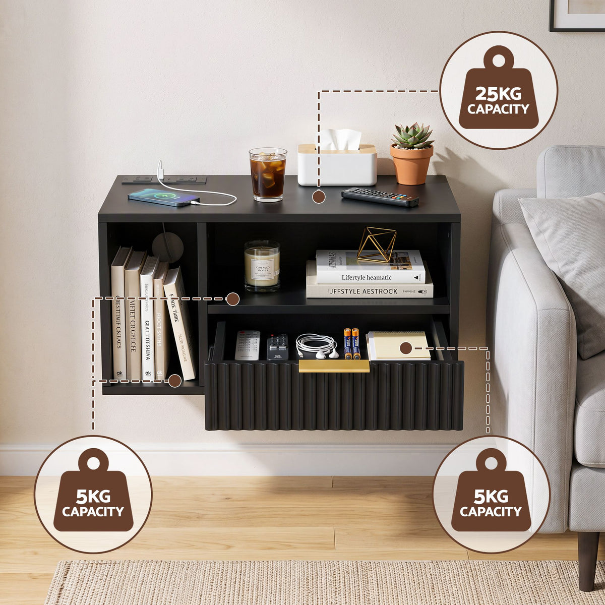 TWSC Floating Bedside Table with Charging Station Black Nightstand 1 Drawer