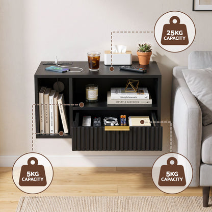 TWSC Floating Bedside Table with Charging Station Black Nightstand 1 Drawer