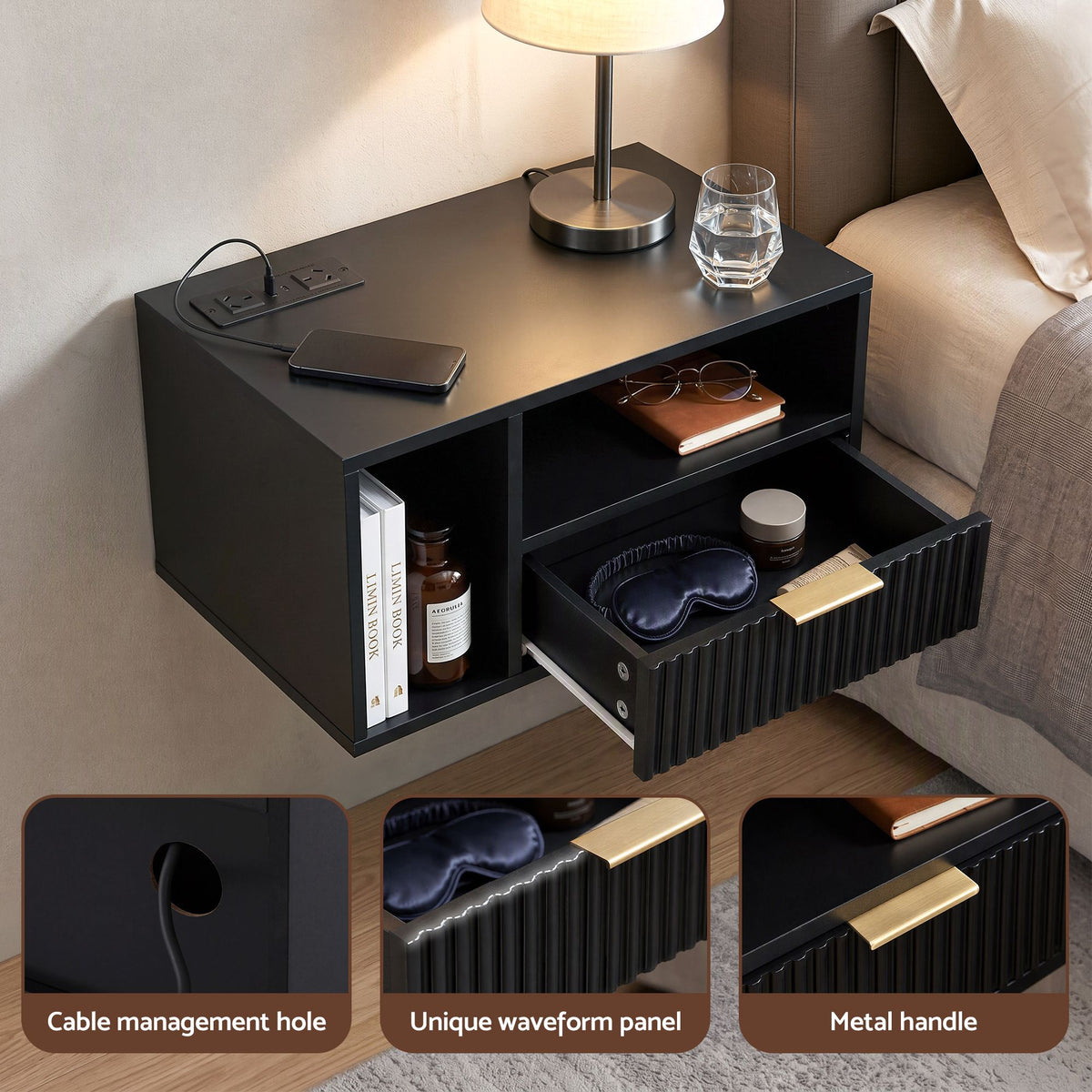 TWSC Floating Bedside Table with Charging Station Black Nightstand 1 Drawer