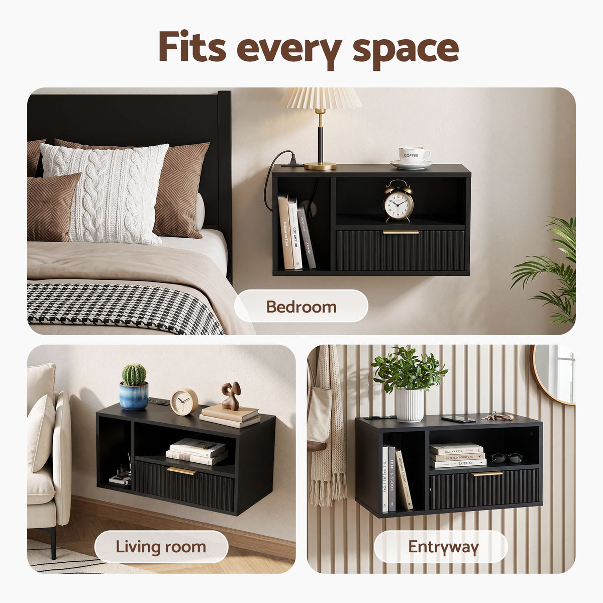 TWSC Floating Bedside Table with Charging Station Black Nightstand 1 Drawer