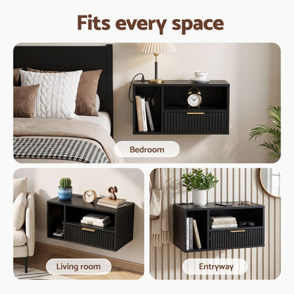 TWSC Floating Bedside Table with Charging Station Black Nightstand 1 Drawer