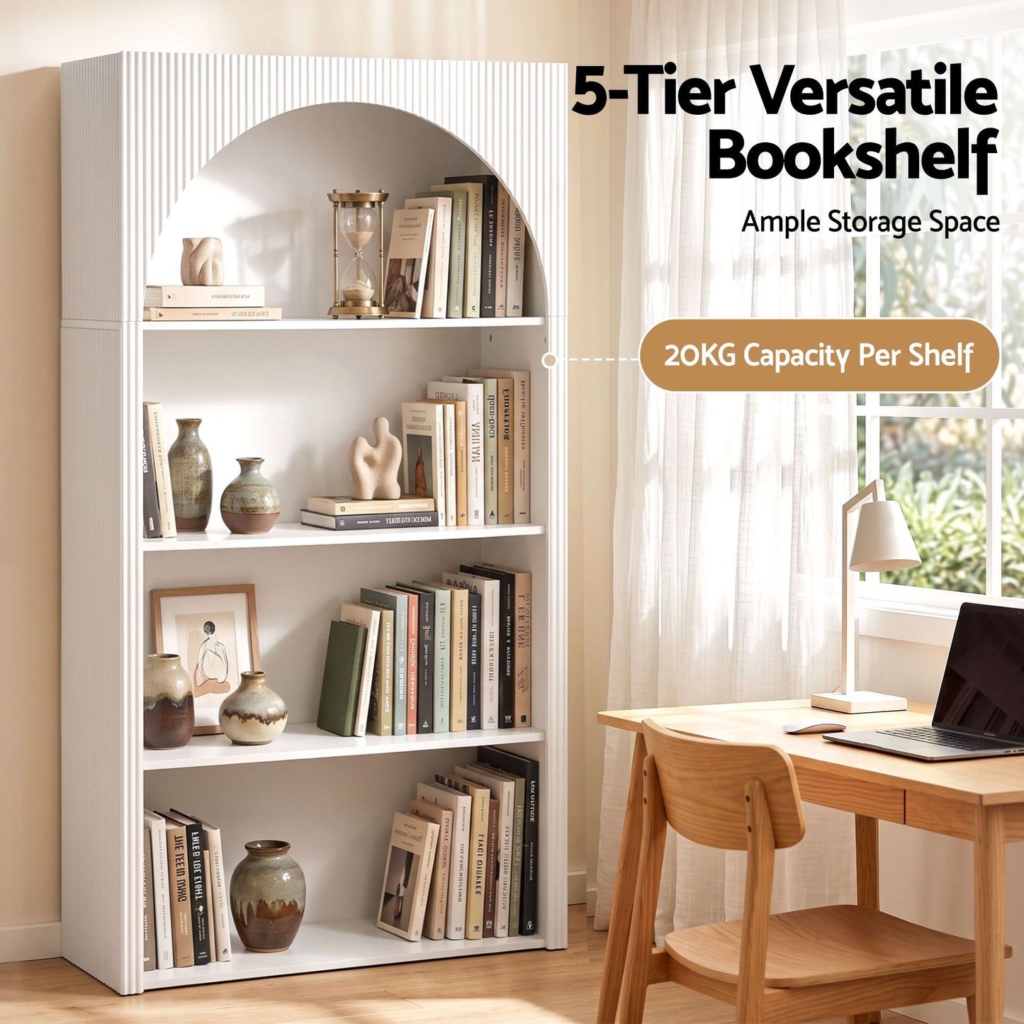TWSC 4 Tier Bookshelf Arched Fluted Storage Display Cabinet Unit White