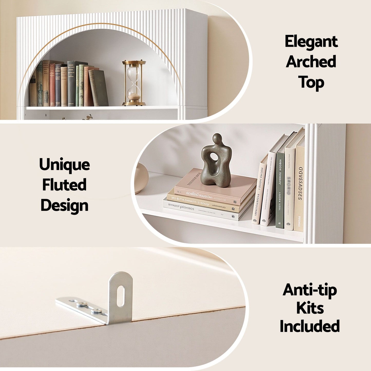 TWSC 4 Tier Bookshelf Arched Fluted Storage Display Cabinet Unit White