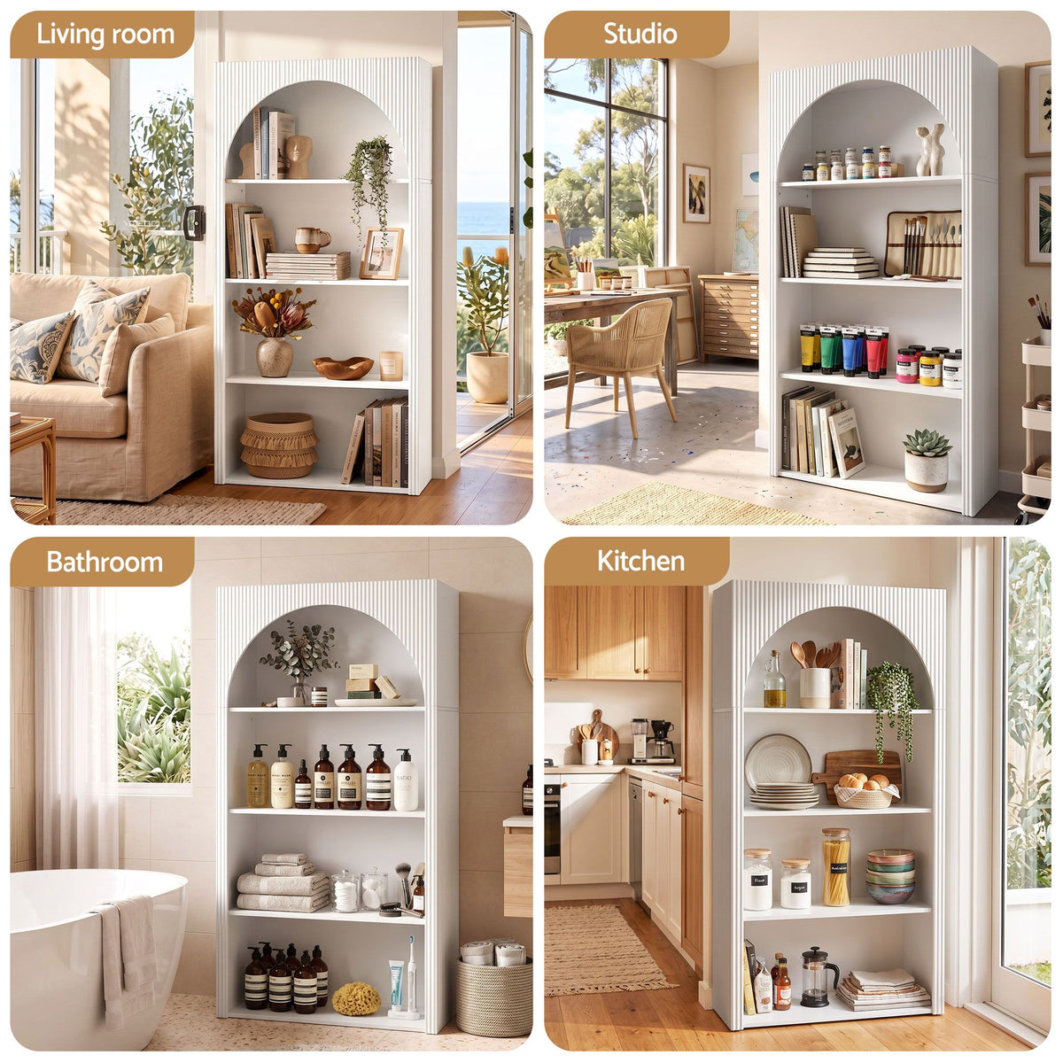 TWSC 4 Tier Bookshelf Arched Fluted Storage Display Cabinet Unit White