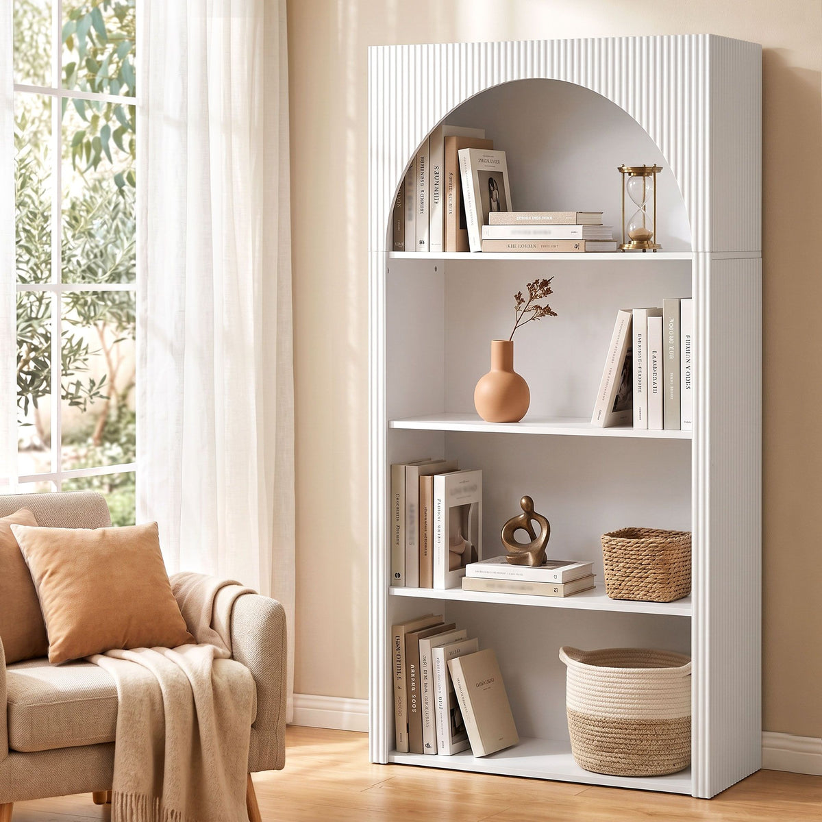 TWSC 4 Tier Bookshelf Arched Fluted Storage Display Cabinet Unit White