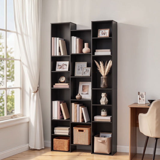 Tall bookcase storage rack featuring organized shelves for books, decor, and stylish storage in a modern living space.