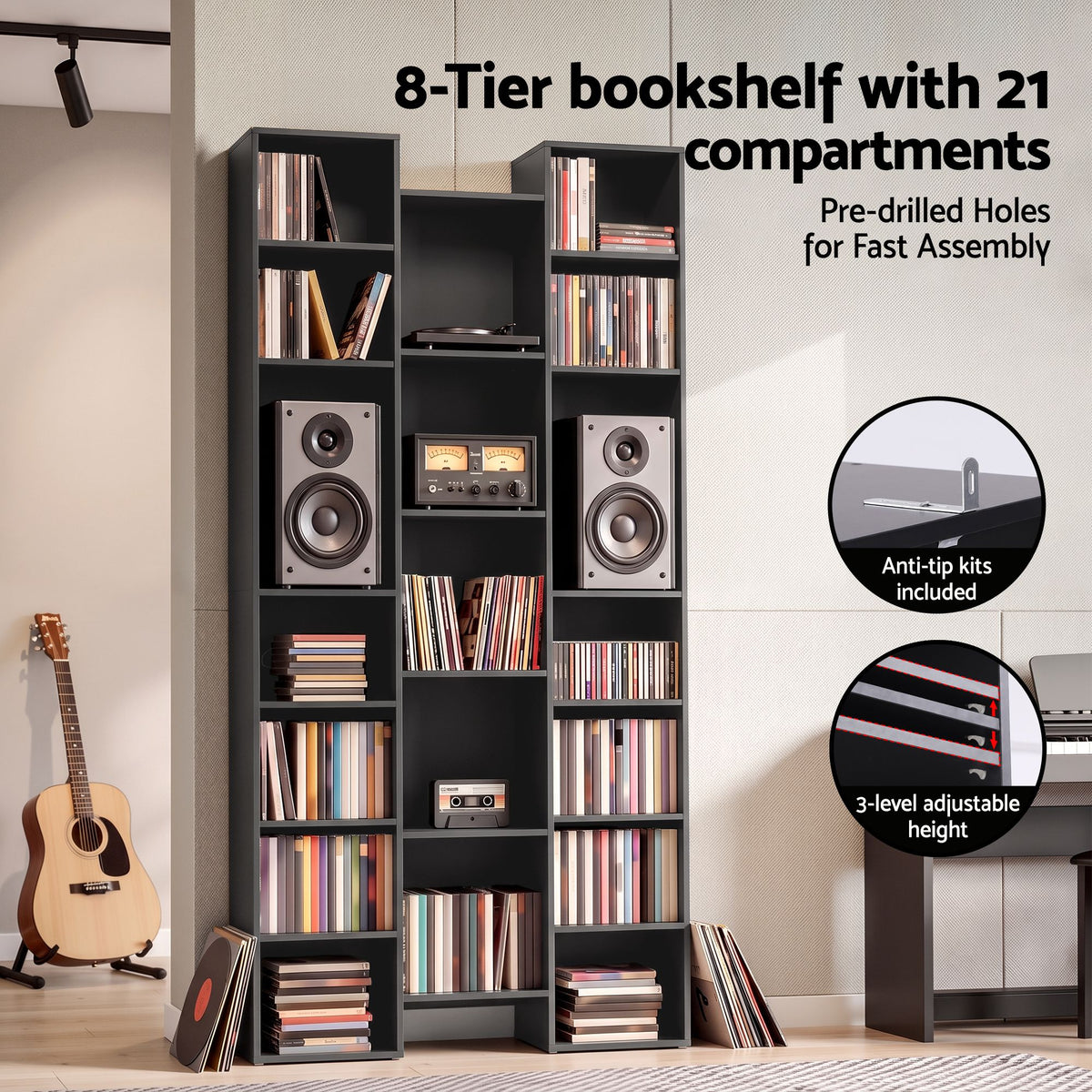 TWSC Bookshelf Display Shelves CD DVD Storage Rack Tall Bookcase Black