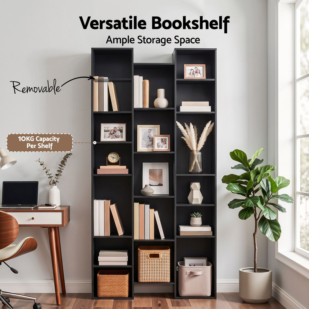 TWSC Bookshelf Display Shelves CD DVD Storage Rack Tall Bookcase Black