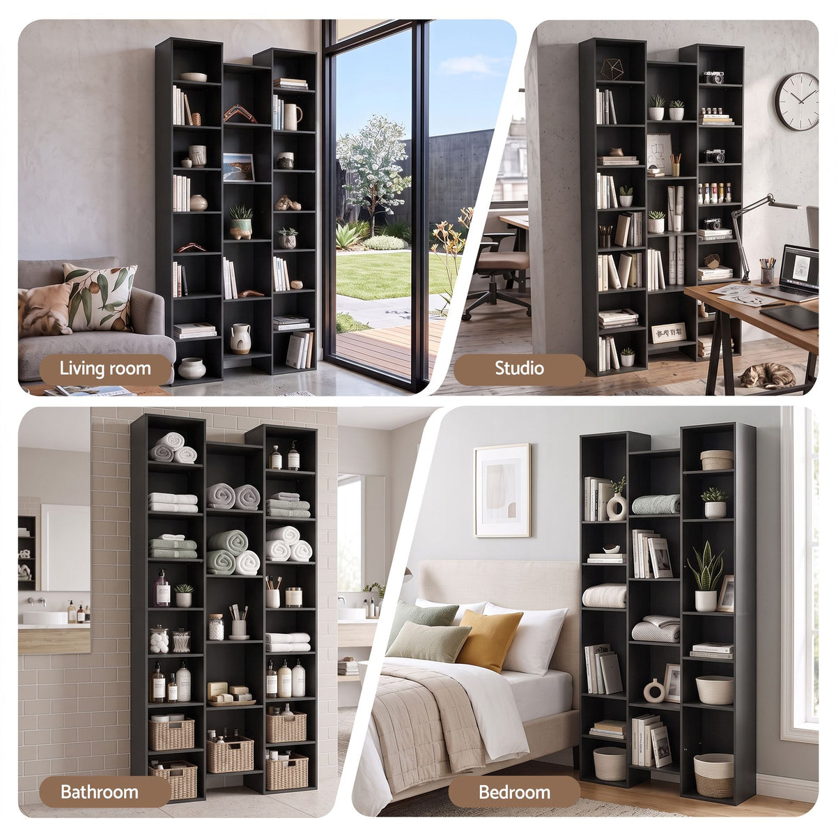 TWSC Bookshelf Display Shelves CD DVD Storage Rack Tall Bookcase Black