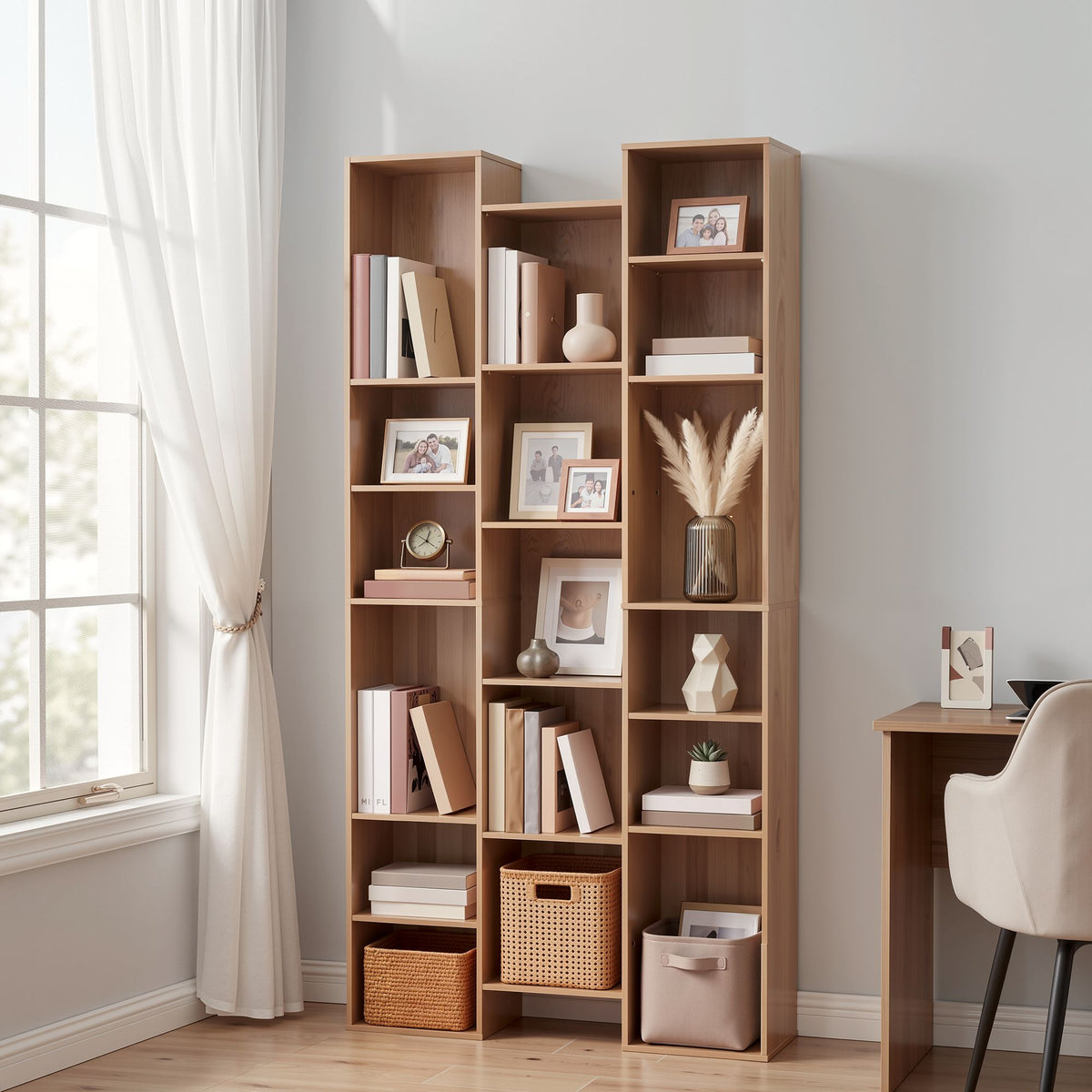 TWSC Bookshelf Display Shelves CD DVD Storage Rack Tall Bookcase Oak