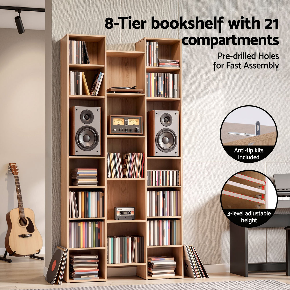 TWSC Bookshelf Display Shelves CD DVD Storage Rack Tall Bookcase Oak