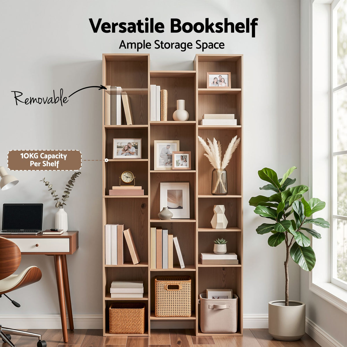 TWSC Bookshelf Display Shelves CD DVD Storage Rack Tall Bookcase Oak