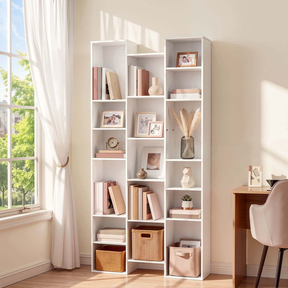 TWSC Bookshelf Display Shelves CD DVD Storage Rack Tall Bookcase White