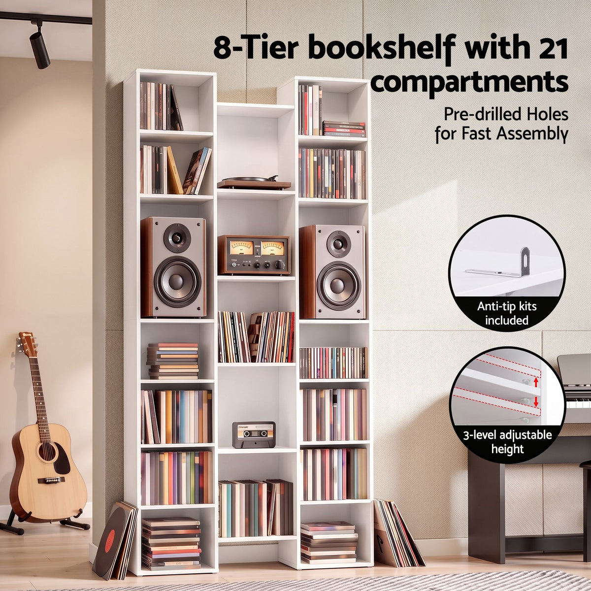 TWSC Bookshelf Display Shelves CD DVD Storage Rack Tall Bookcase White
