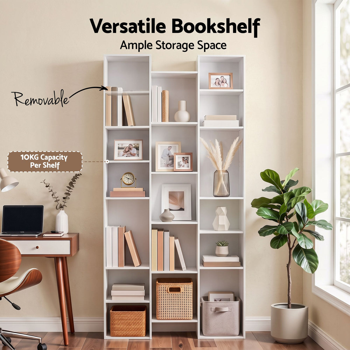 TWSC Bookshelf Display Shelves CD DVD Storage Rack Tall Bookcase White