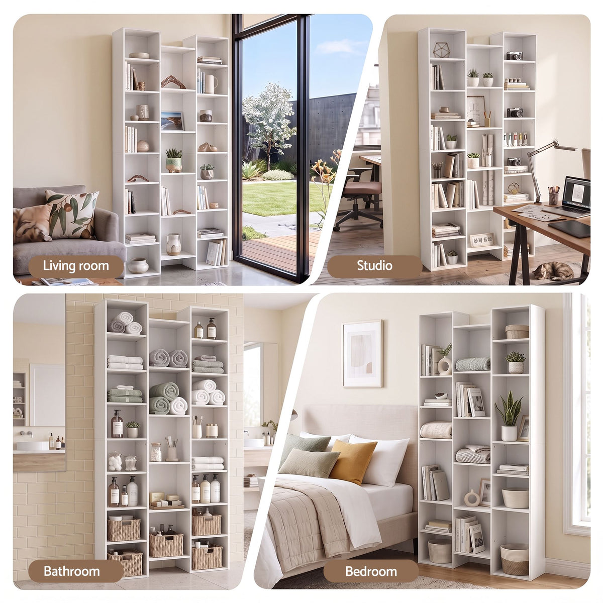 TWSC Bookshelf Display Shelves CD DVD Storage Rack Tall Bookcase White