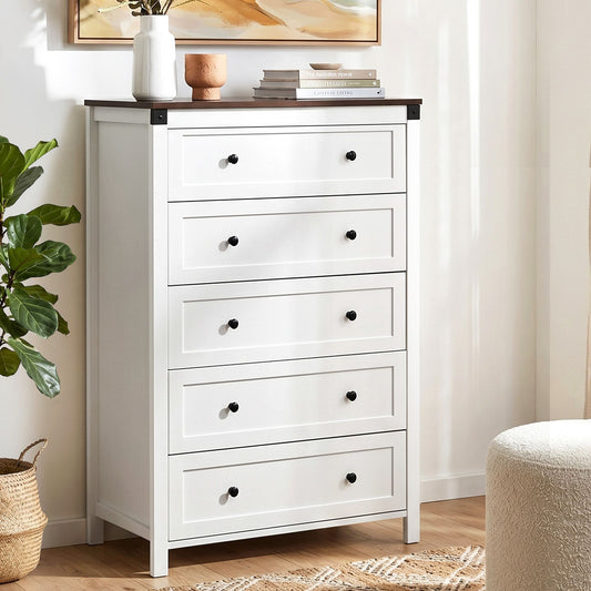 TWSC 5 Chest of Drawers Storage Tallboy White & Walnut