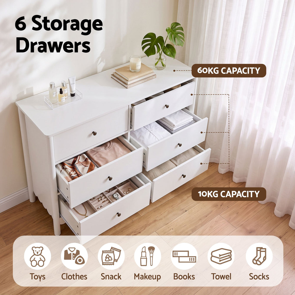 Artiss 6 Chest of Drawers Dresser Lowboy Curved Edge Scalloped White Bedroom
