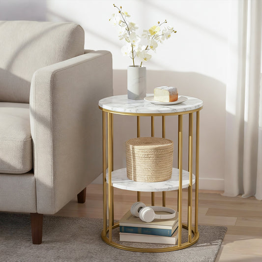 Coffee Table – 2-Tier Marble Effect, White & Gold