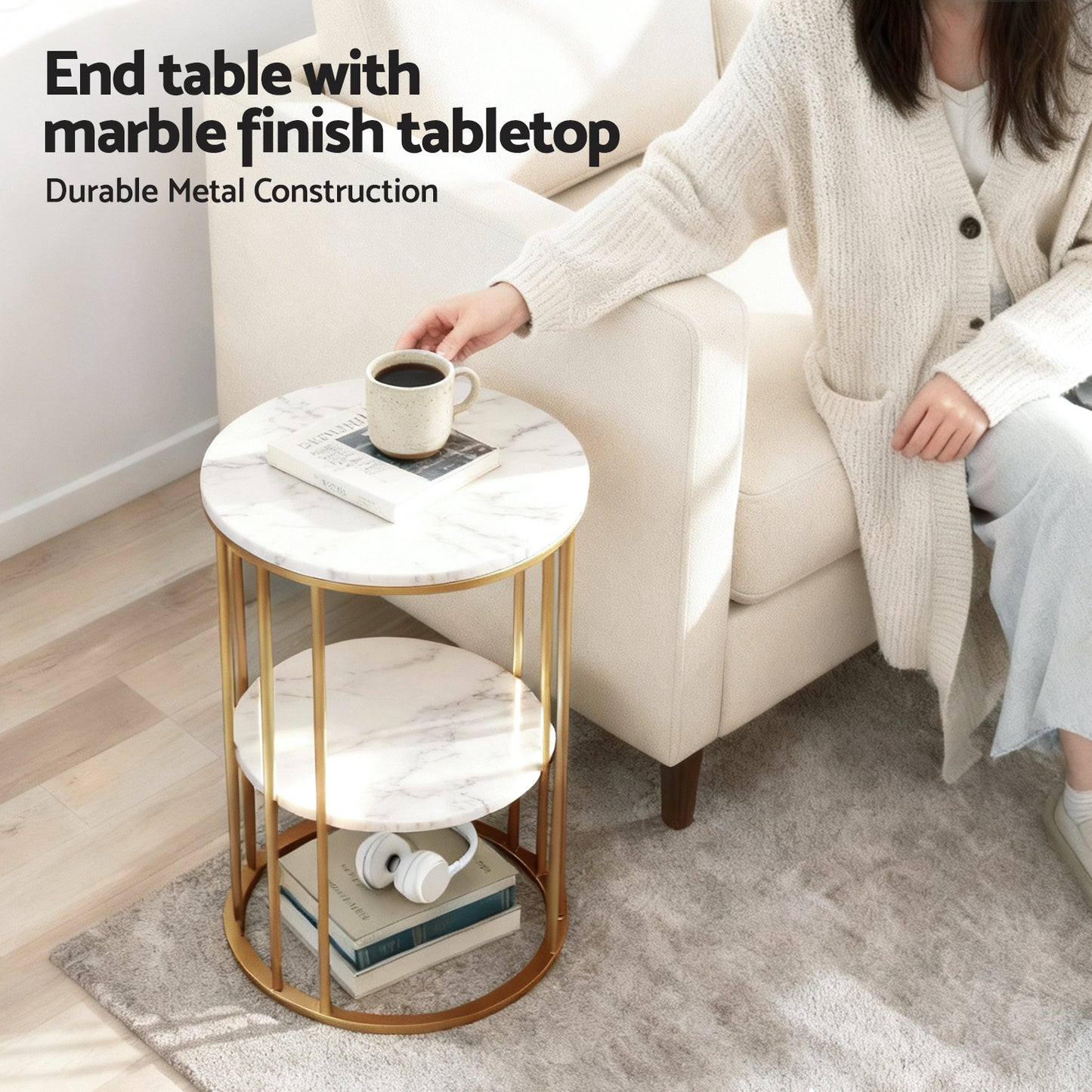 Coffee Table – 2-Tier Marble Effect, White & Gold