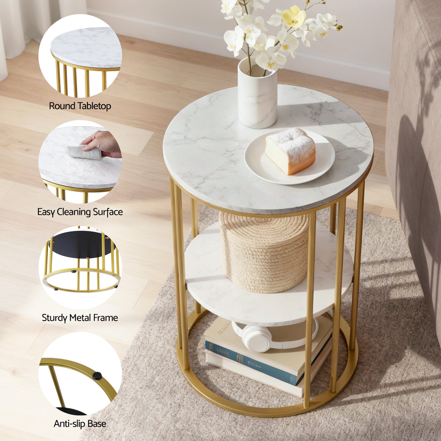 Coffee Table – 2-Tier Marble Effect, White & Gold