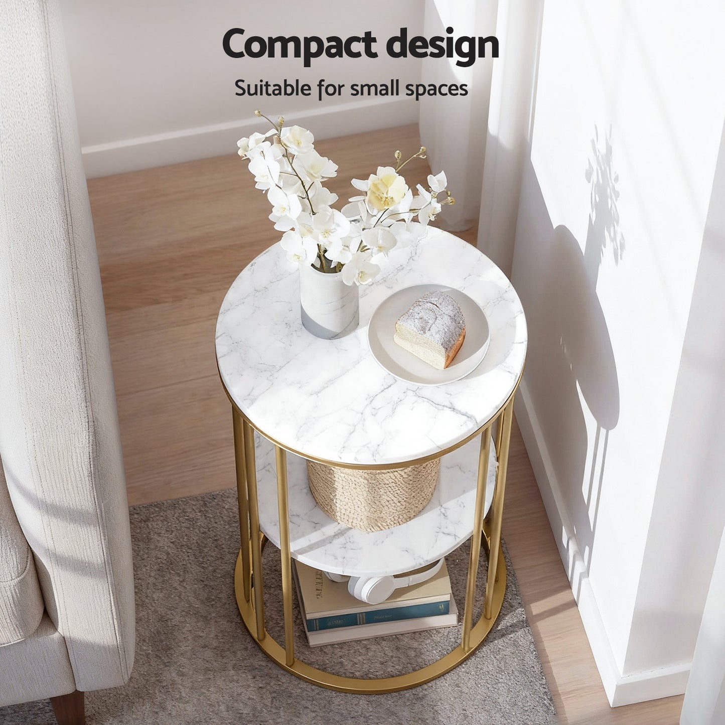 Coffee Table – 2-Tier Marble Effect, White & Gold