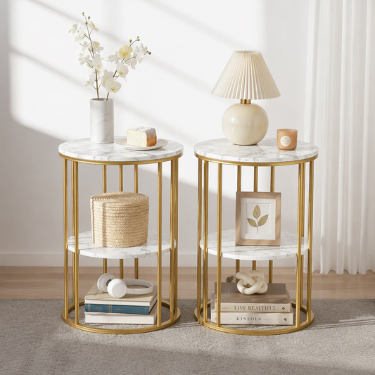 TWSC Side Table Set of 2 Marble Effect Round Coffee Table 2 Tier End Bedside Table Nightstand White&Gold