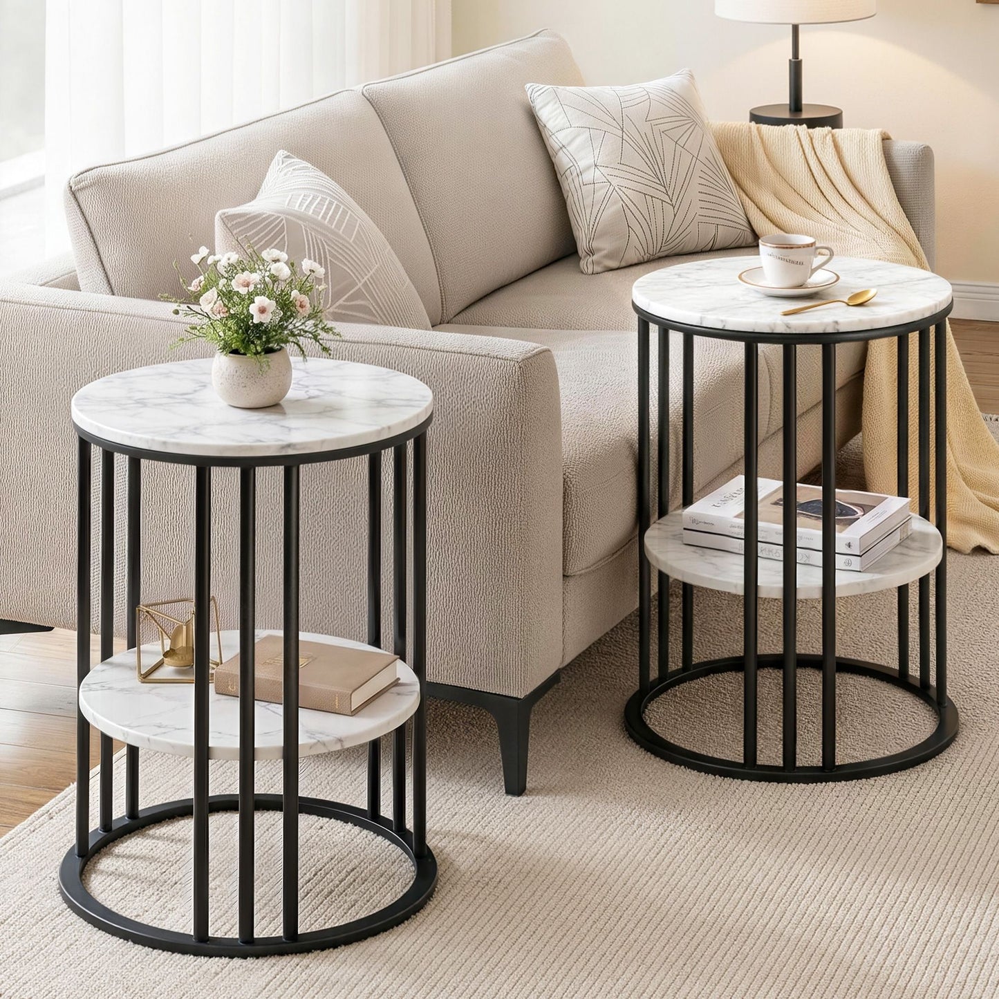 Set of 2 Round Side Tables – Marble Effect, 2-Tier Design
