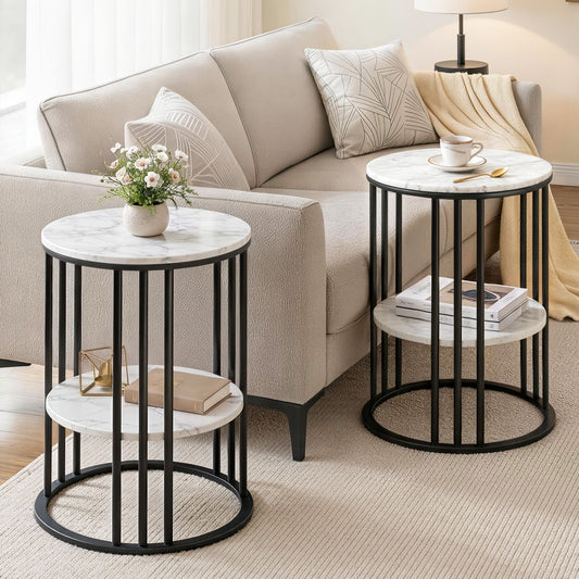 Set of 2 Round Side Tables – Marble Effect, 2-Tier Design