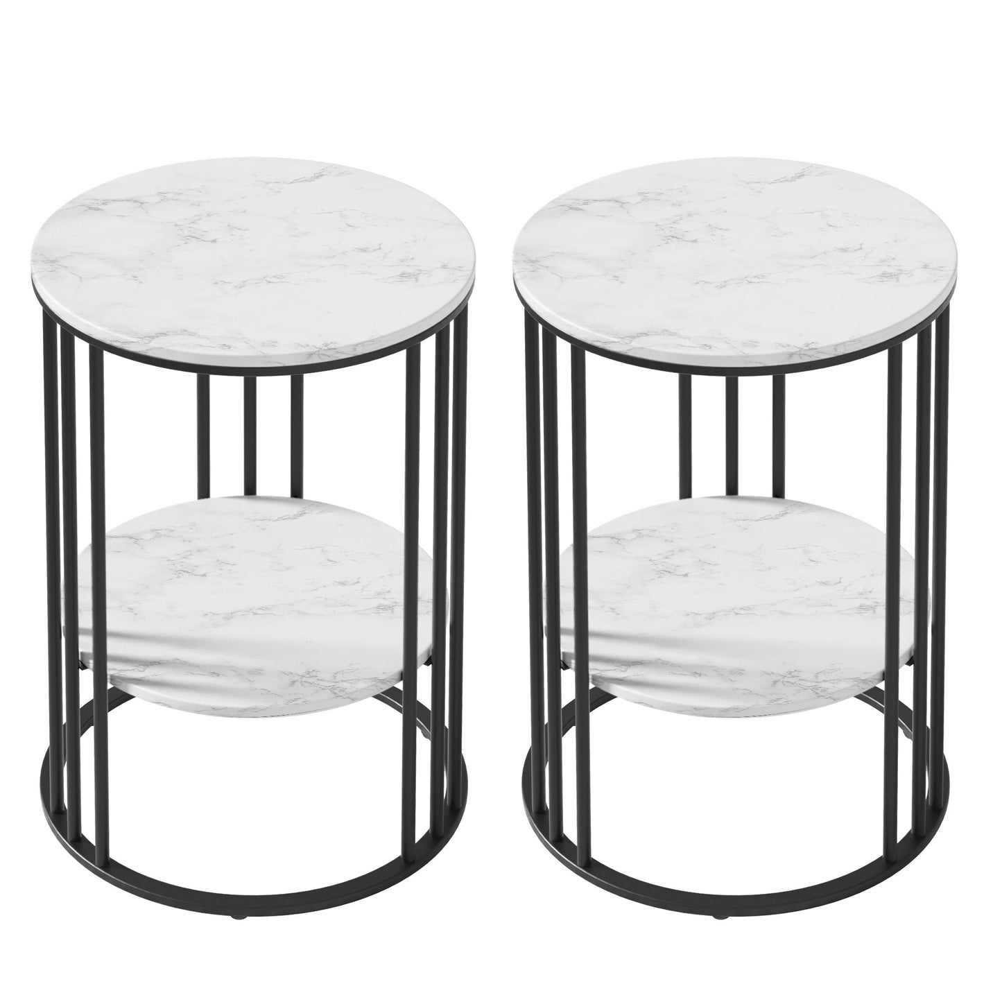 Set of 2 Round Side Tables – Marble Effect, 2-Tier Design