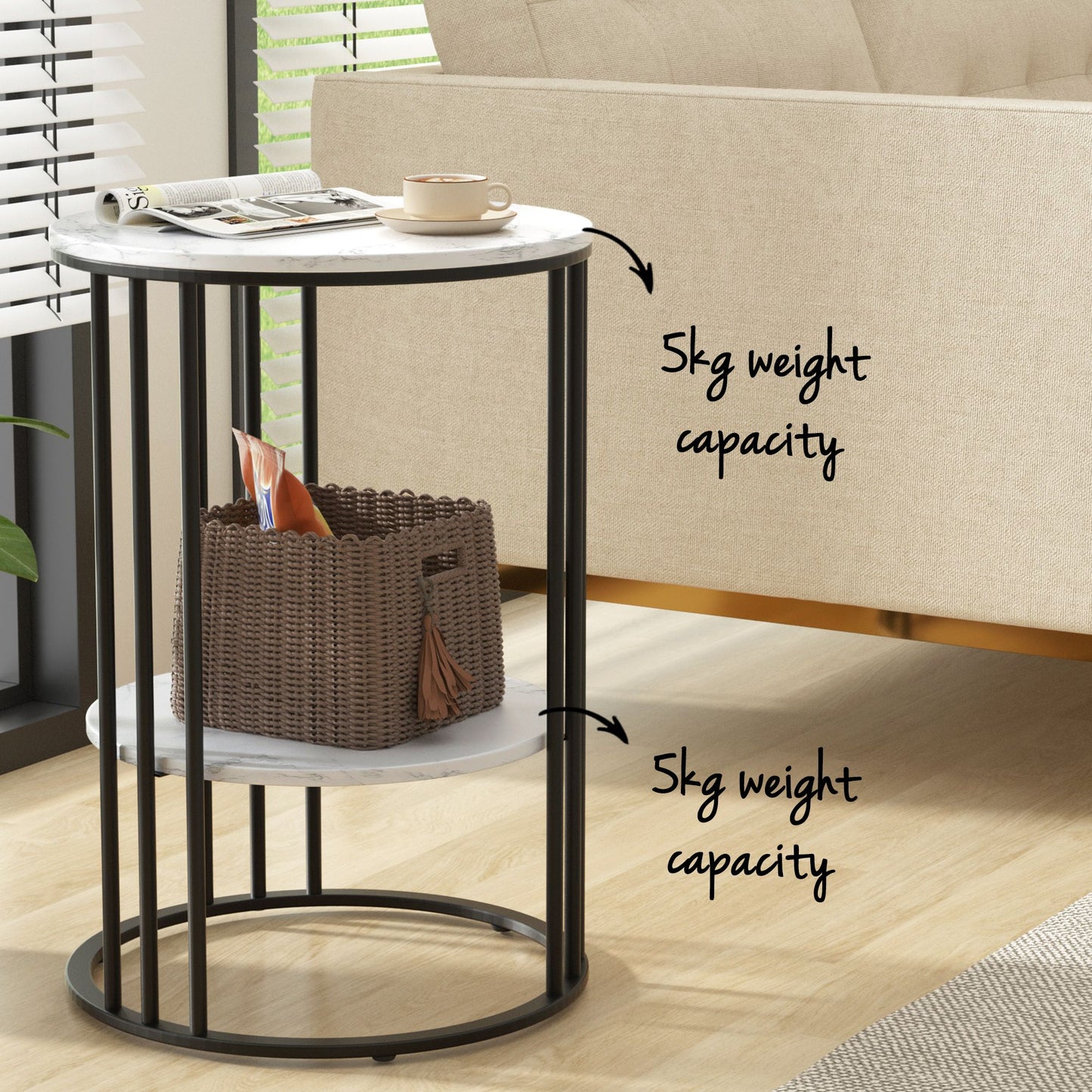 Set of 2 Round Side Tables – Marble Effect, 2-Tier Design