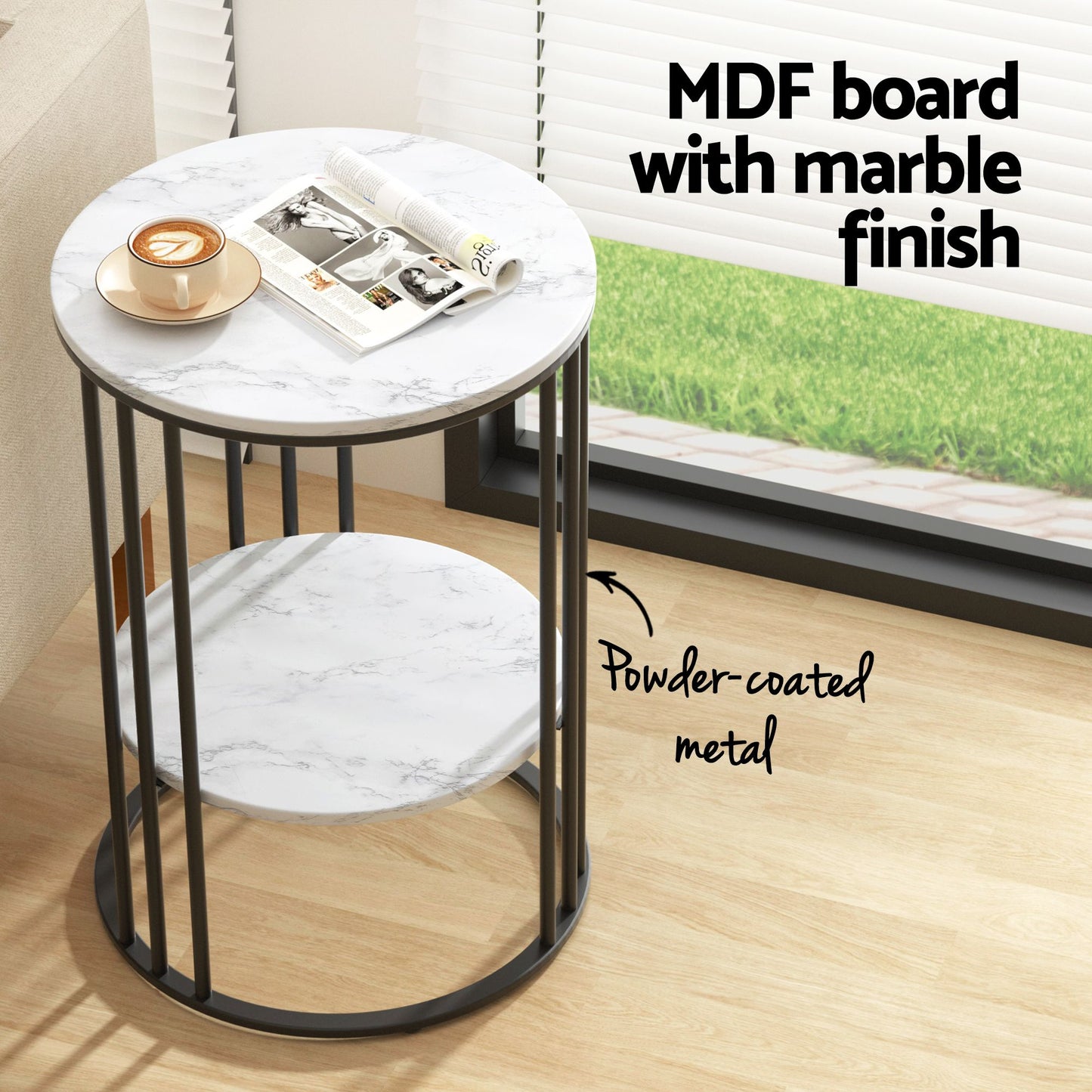 Set of 2 Round Side Tables – Marble Effect, 2-Tier Design