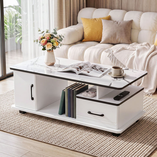 TWSC Coffee Table Marble Finish Center Table with Storage Drawer Cabinet Wood White