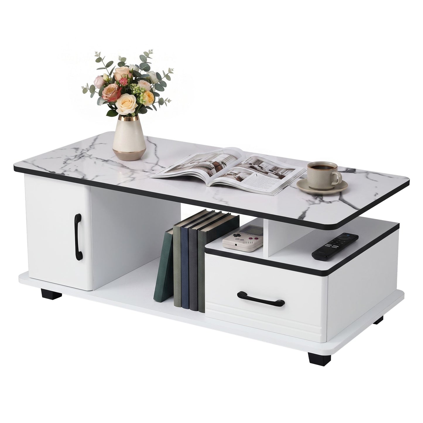 TWSC Coffee Table Marble Finish Center Table with Storage Drawer Cabinet Wood White