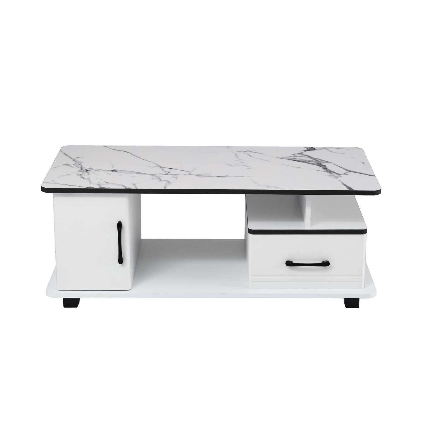 TWSC Coffee Table Marble Finish Center Table with Storage Drawer Cabinet Wood White