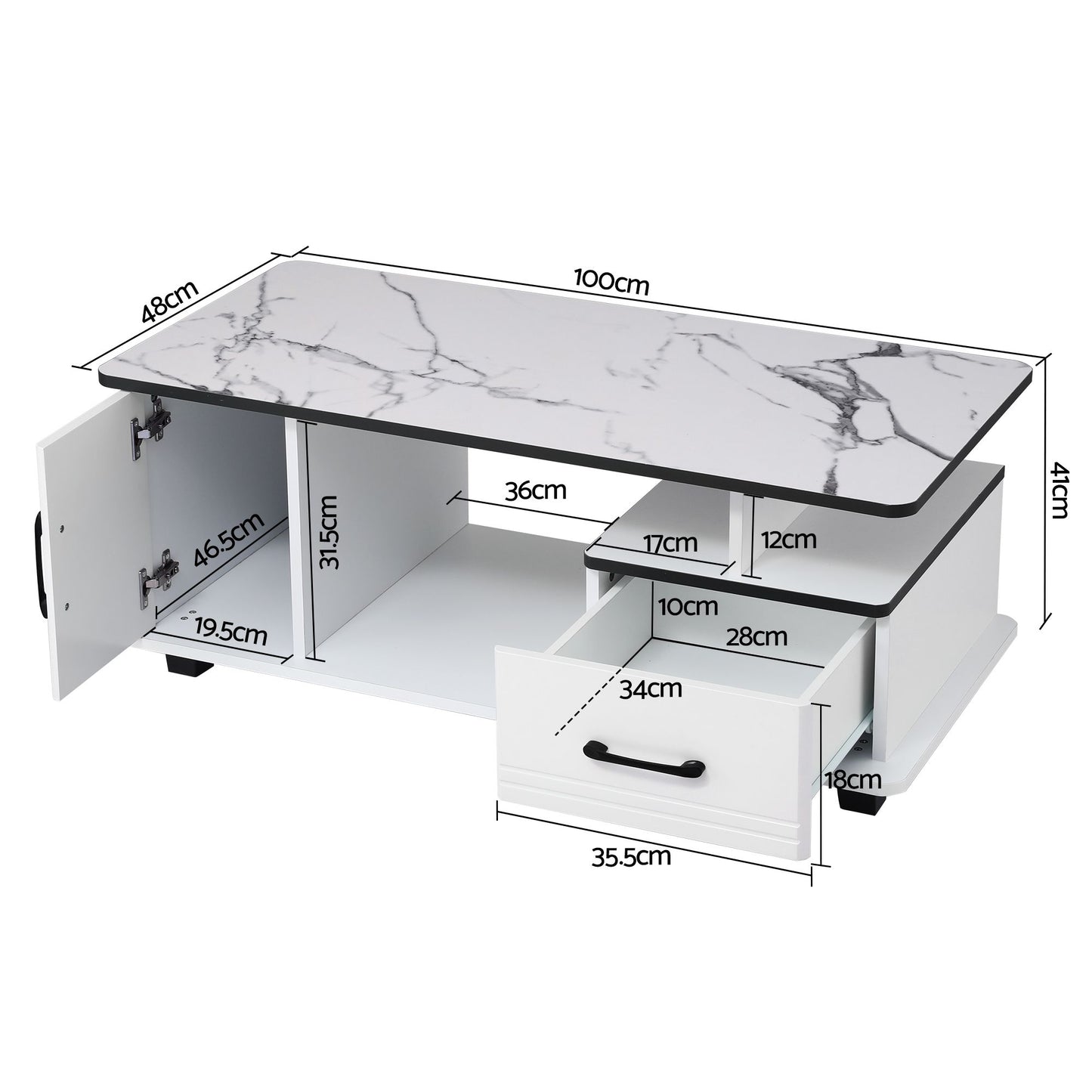 TWSC Coffee Table Marble Finish Center Table with Storage Drawer Cabinet Wood White