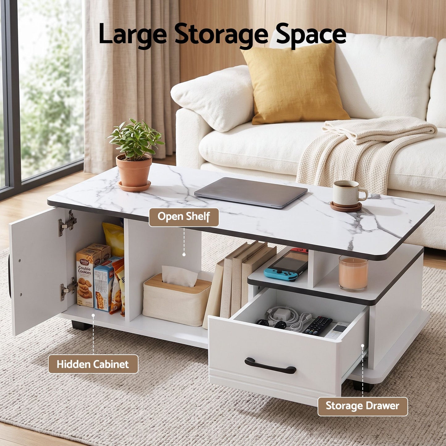 TWSC Coffee Table Marble Finish Center Table with Storage Drawer Cabinet Wood White