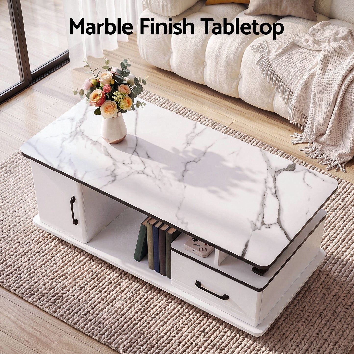 TWSC Coffee Table Marble Finish Center Table with Storage Drawer Cabinet Wood White