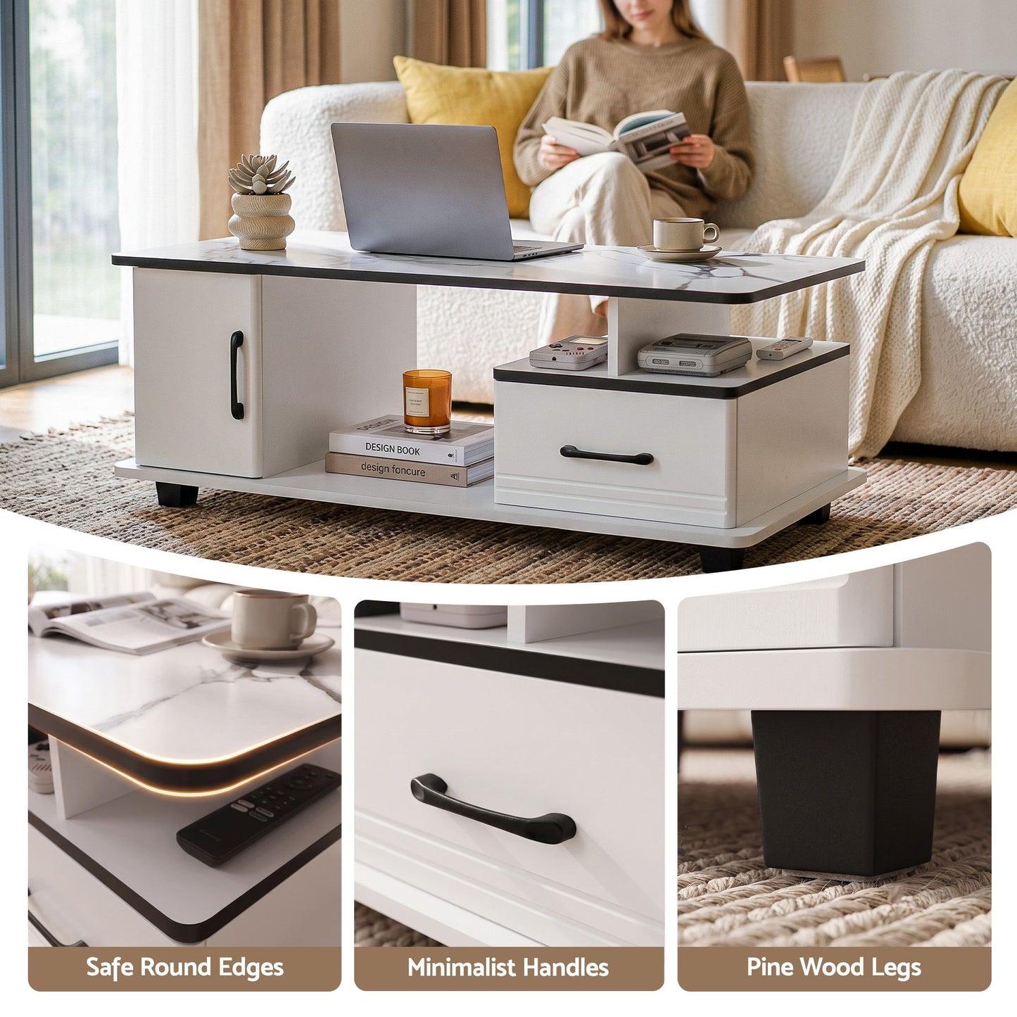 TWSC Coffee Table Marble Finish Center Table with Storage Drawer Cabinet Wood White