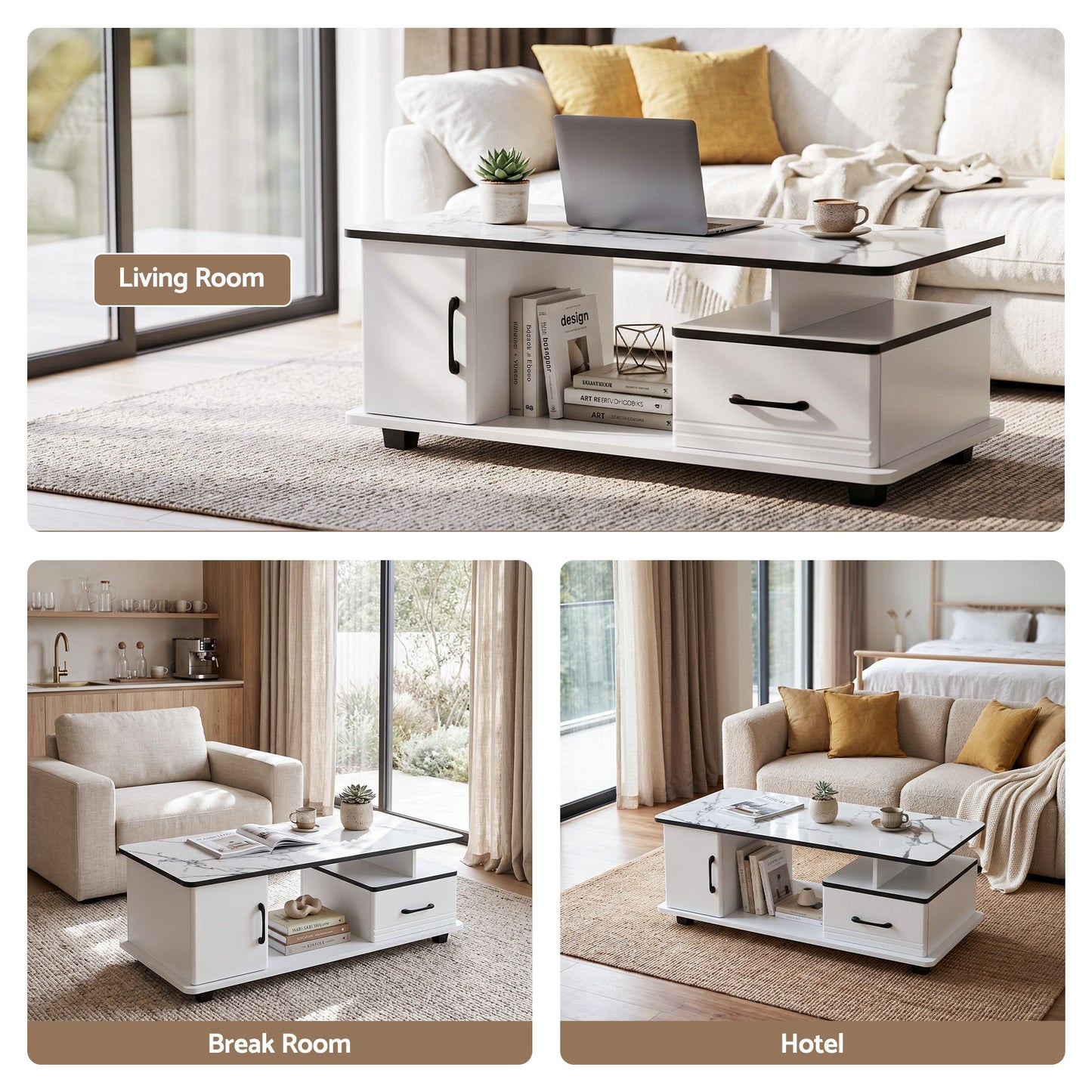 TWSC Coffee Table Marble Finish Center Table with Storage Drawer Cabinet Wood White