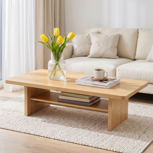 TWSC Coffee Table 110cm Center Table with 2-Tier Open Storage Shelf Wood