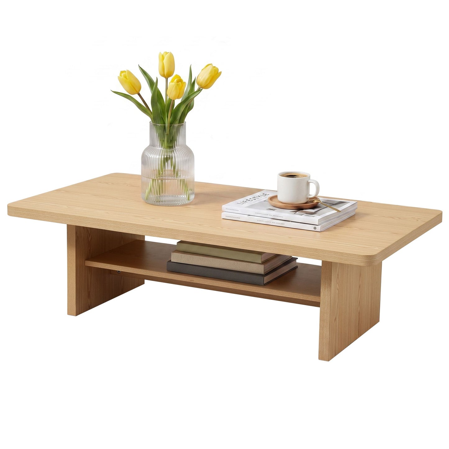TWSC Coffee Table 110cm Center Table with 2-Tier Open Storage Shelf Wood