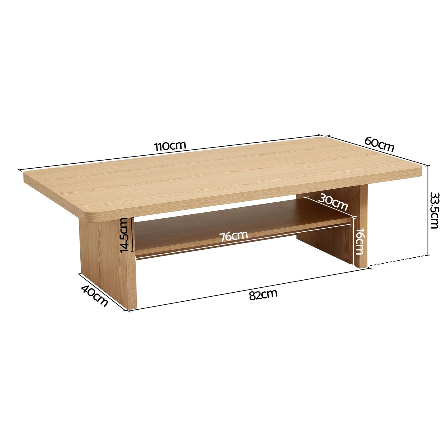 TWSC Coffee Table 110cm Center Table with 2-Tier Open Storage Shelf Wood