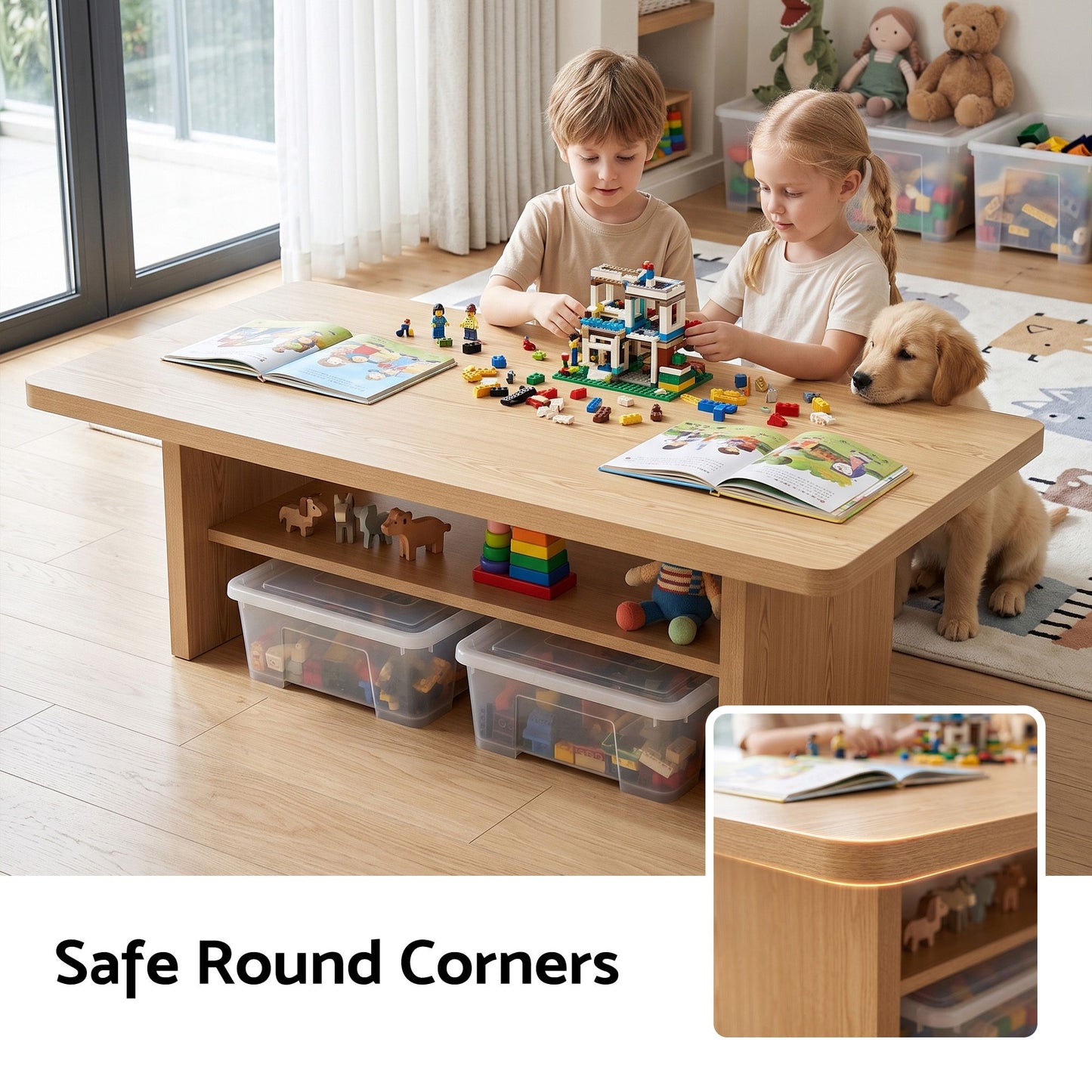 TWSC Coffee Table 110cm Center Table with 2-Tier Open Storage Shelf Wood