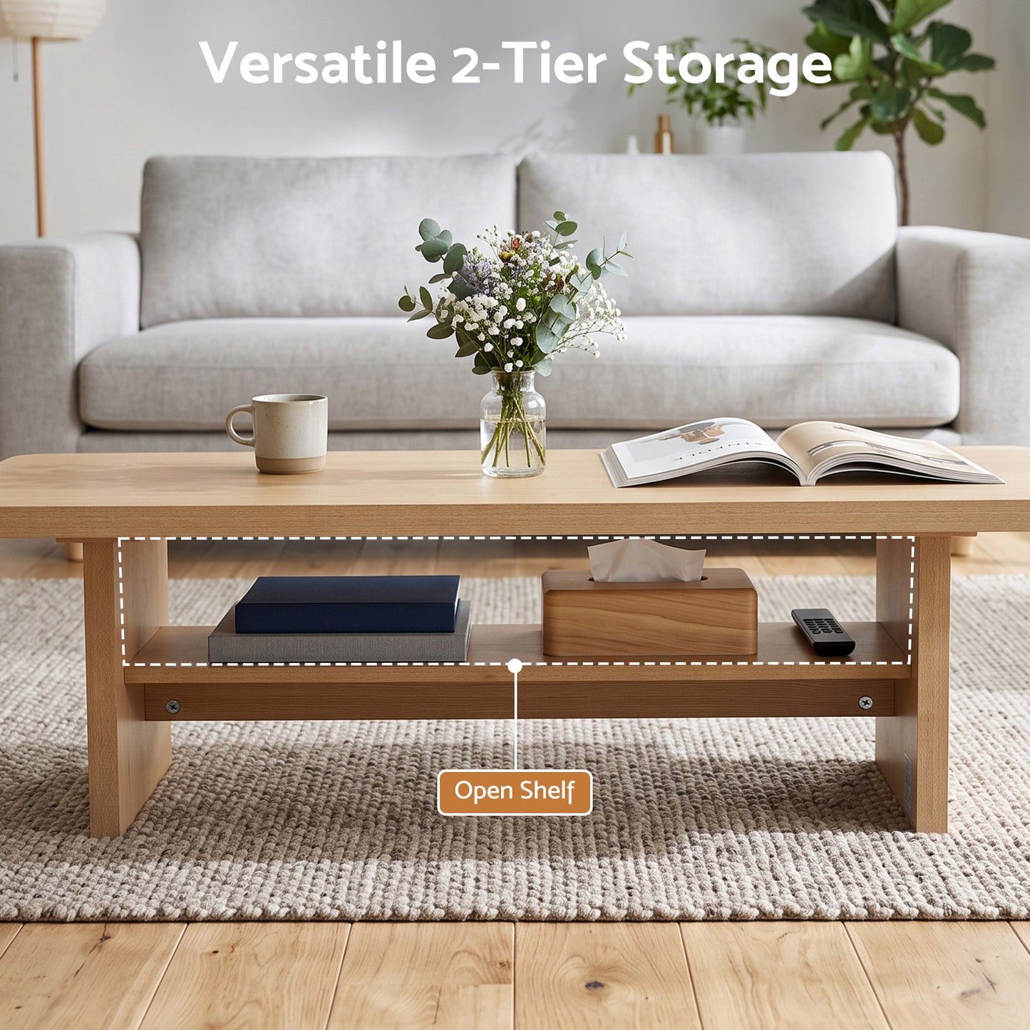 TWSC Coffee Table 110cm Center Table with 2-Tier Open Storage Shelf Wood