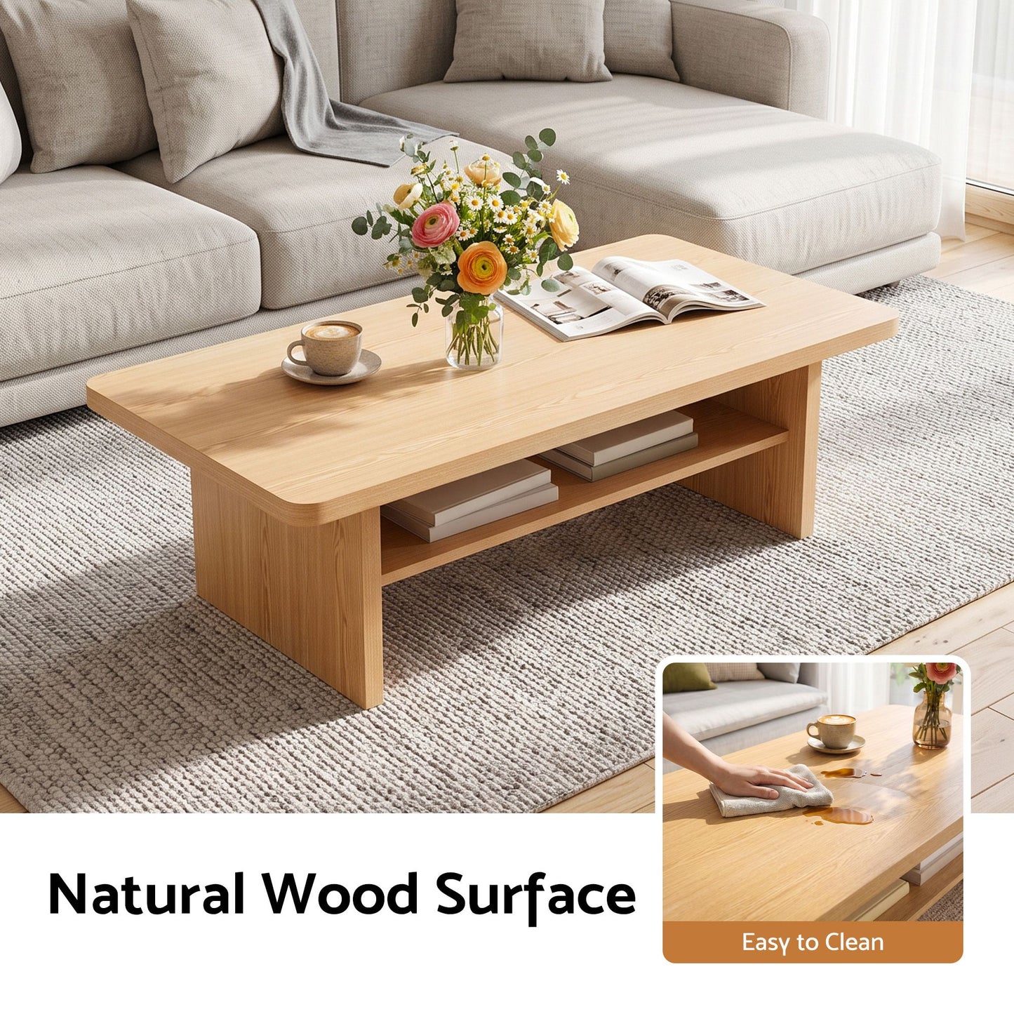 TWSC Coffee Table 110cm Center Table with 2-Tier Open Storage Shelf Wood