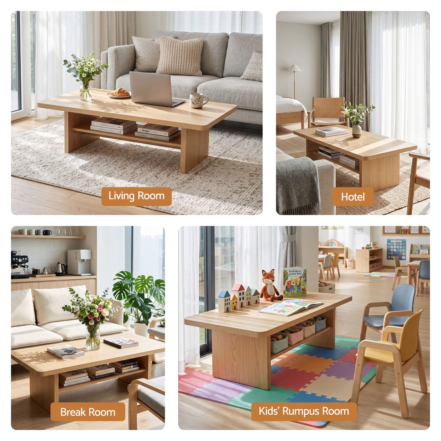 TWSC Coffee Table 110cm Center Table with 2-Tier Open Storage Shelf Wood